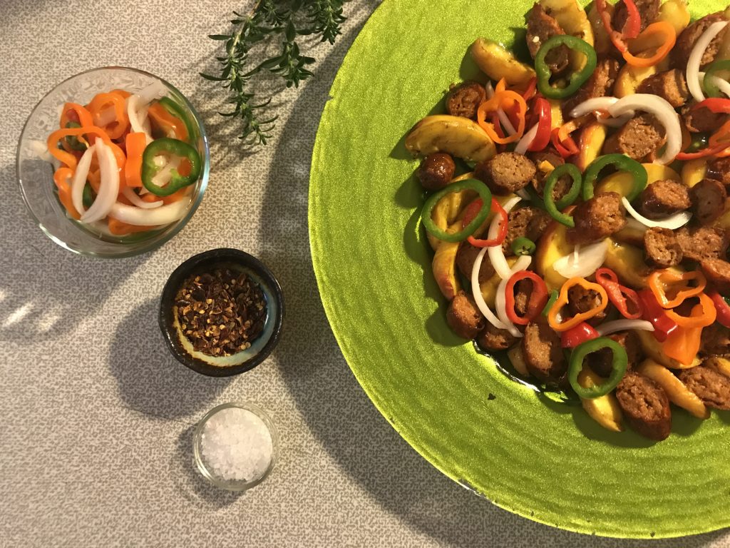 Grilled Sausage and Peaches With Pickled Peppers Boulder Sausage