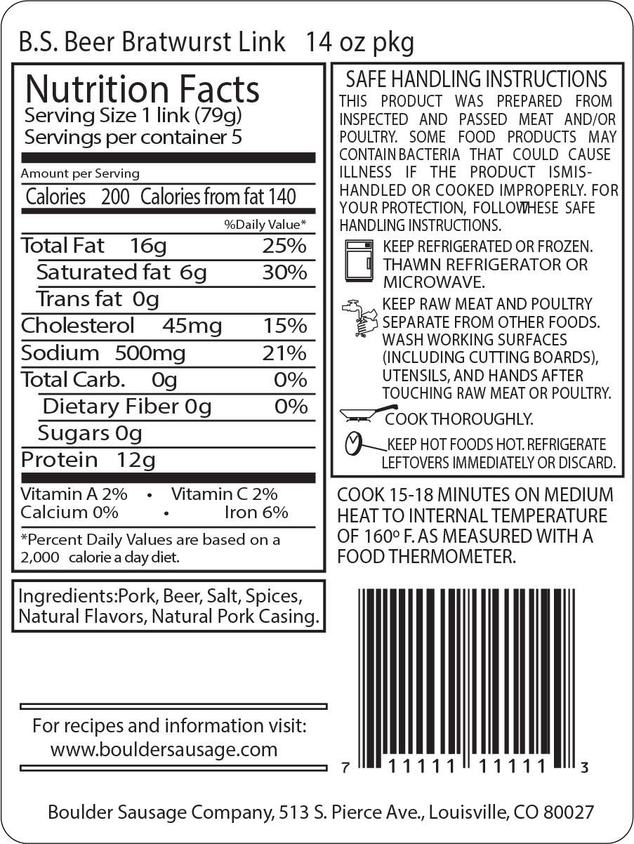 Boulder Sausage Beer Brawurst Nutrition Label