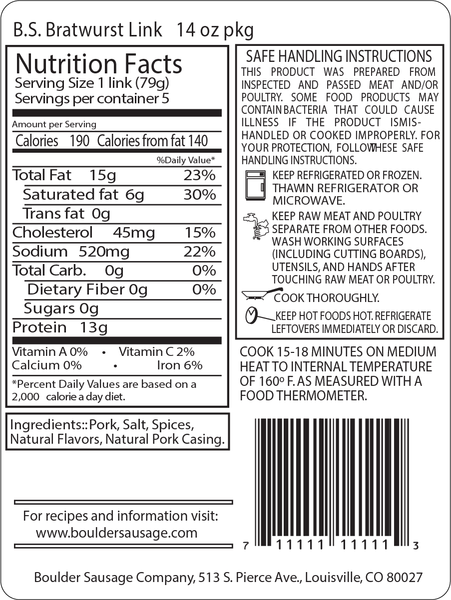 Boulder Sausage Brawurst Nutrition Label