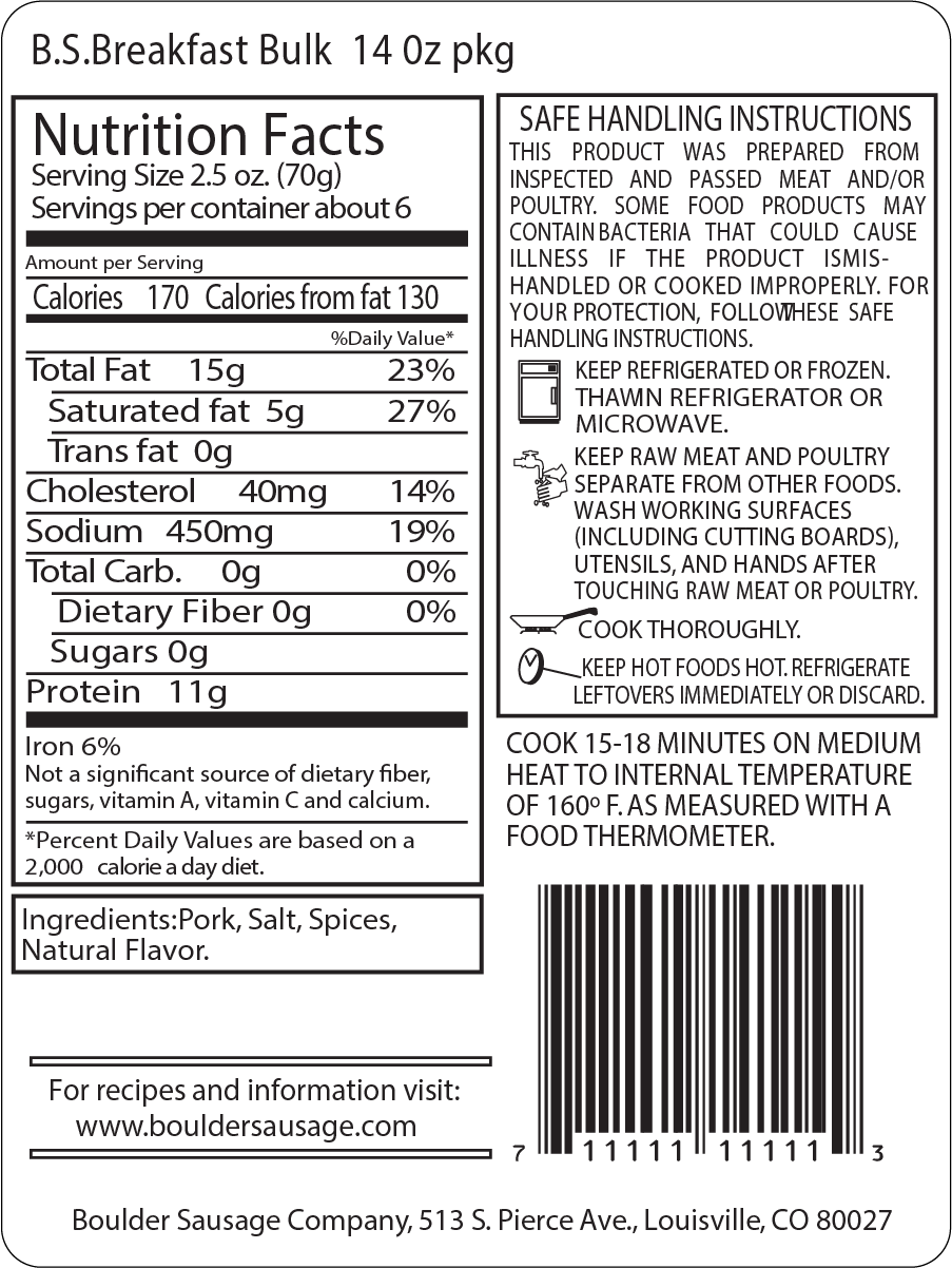 Boulder Sausage Breakfast Bulk Nutrition Label