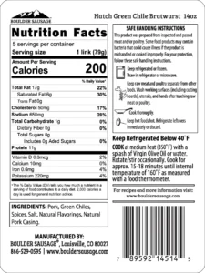 Boulder Sausage Green Chile Sausage Nutrition Label