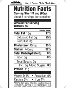 Boulder Sausage Green Chile Ground Nutrition Label