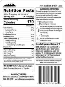Boulder Sausage Hot Italian Ground Sausage Nutrition Facts